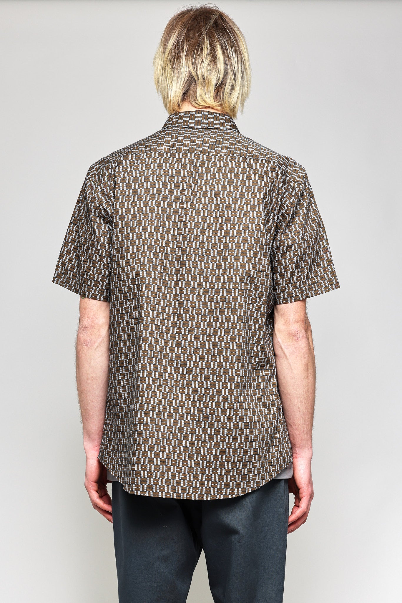 Japanese Graphic Grid Print in Khaki and Blue 03