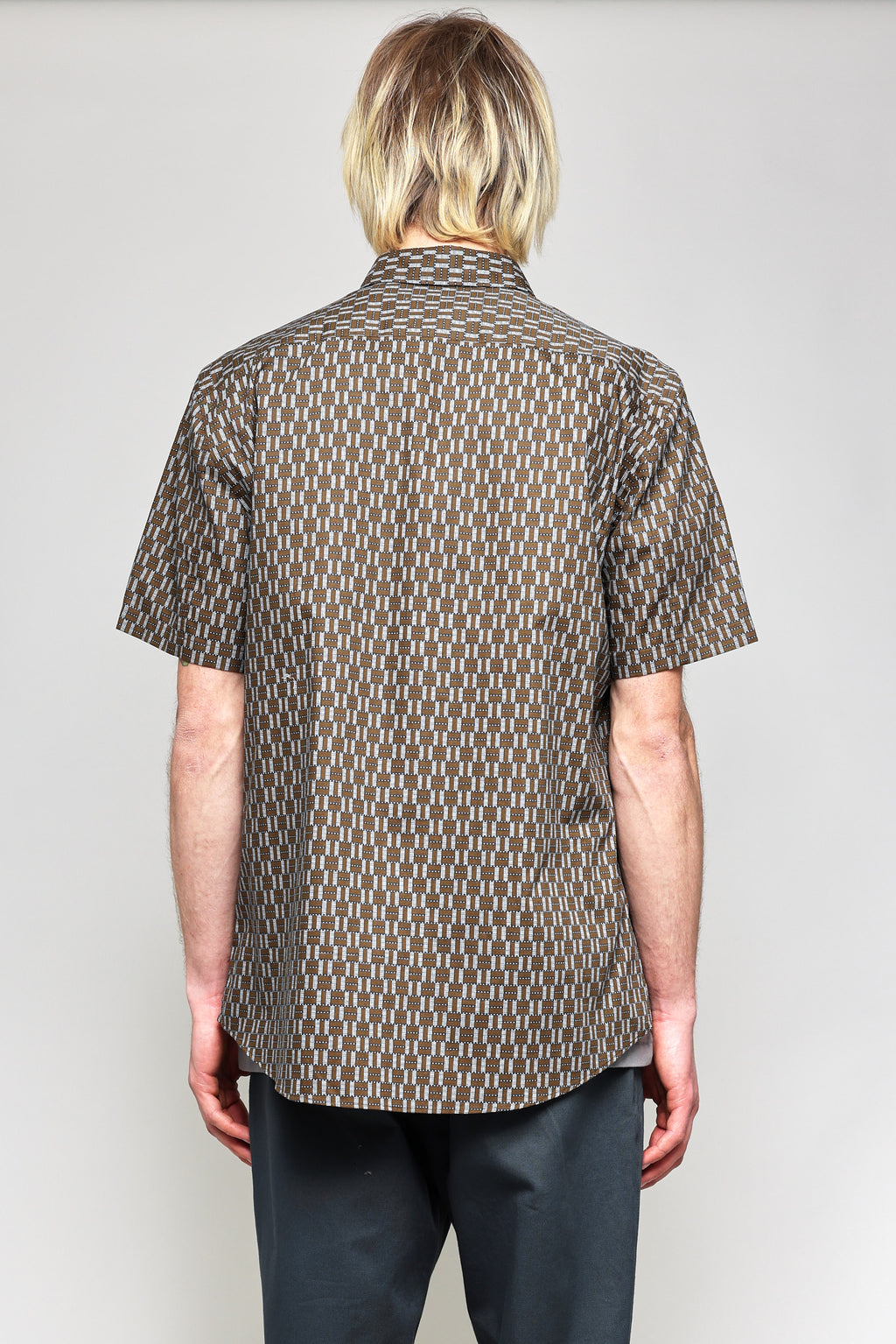 Japanese Graphic Grid Print in Khaki and Blue 03