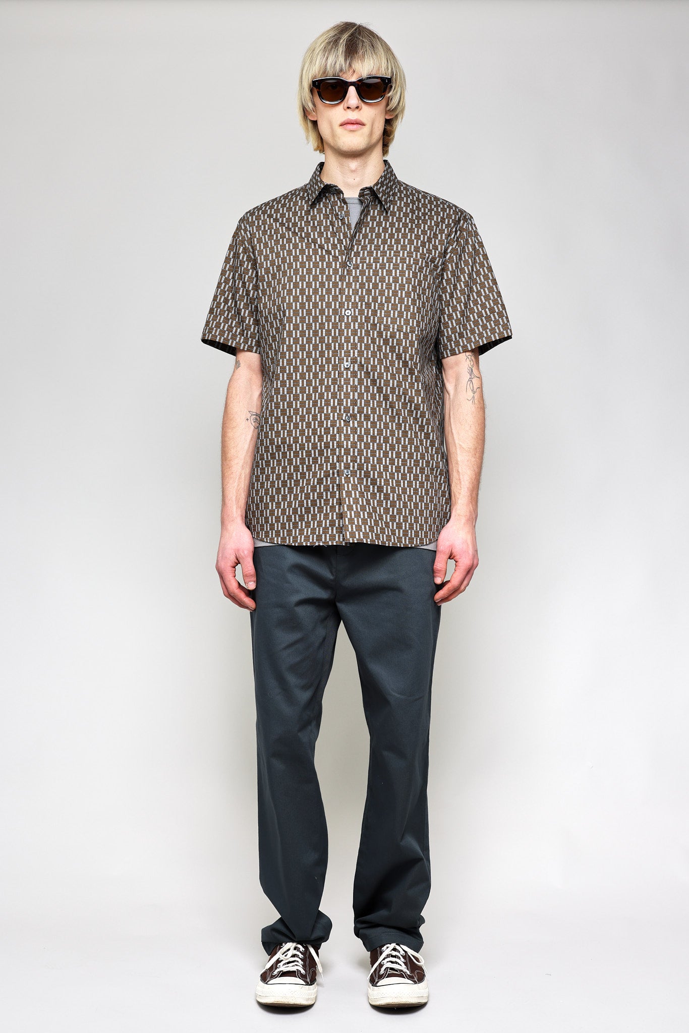 Japanese Graphic Grid Print in Khaki and Blue 05