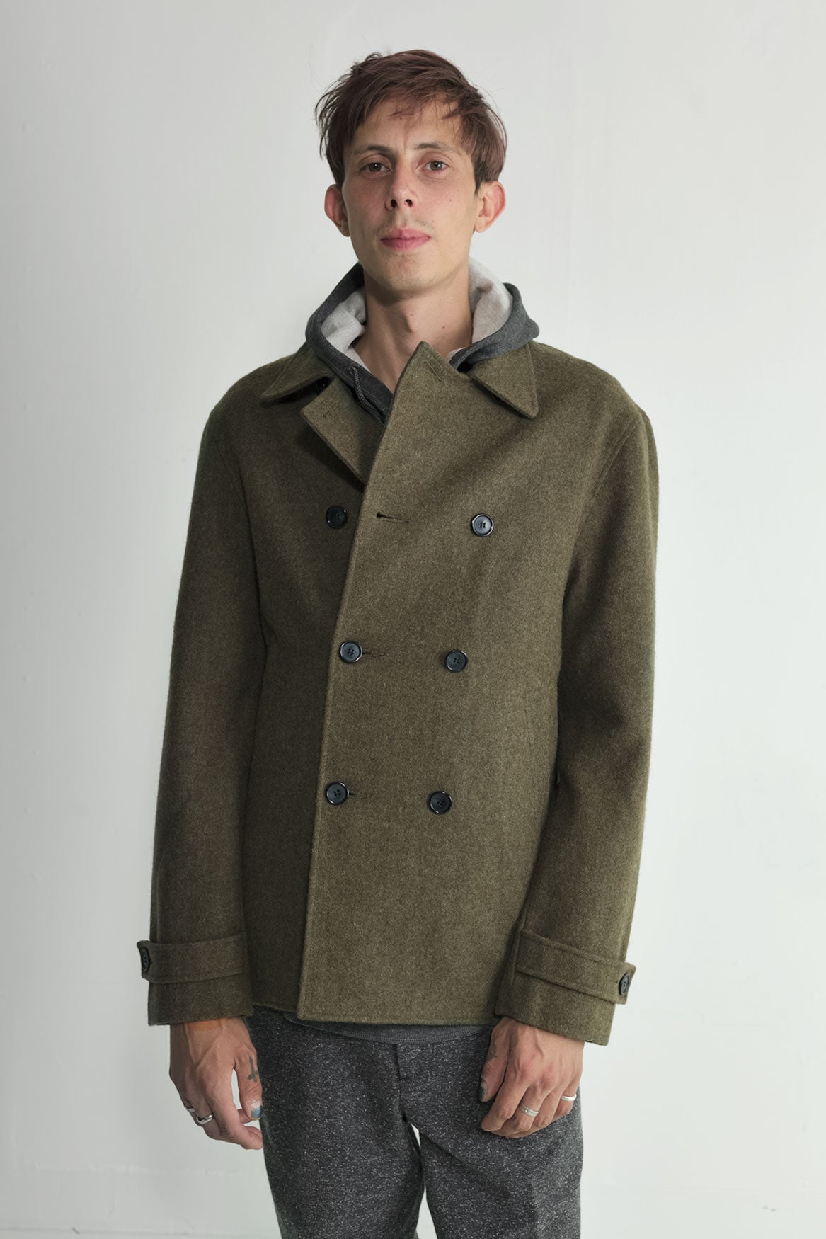 Japanese Loden Pea Coat in Army Green