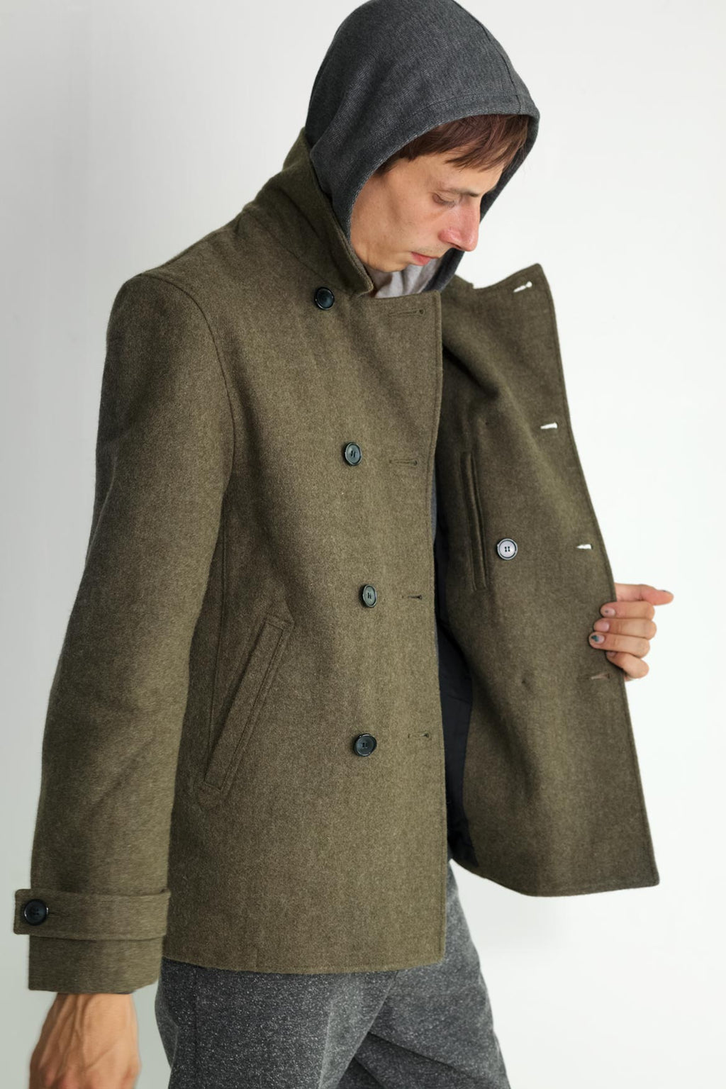 Japanese Loden Pea Coat in Army Green