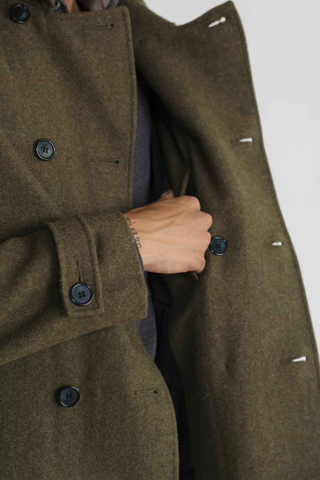 Japanese Loden Pea Coat in Army Green