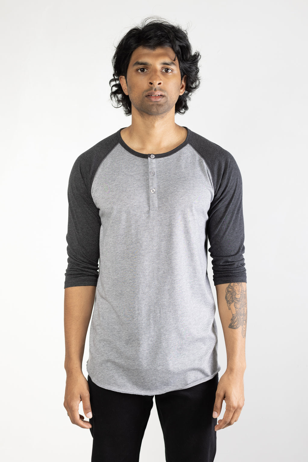 NS2122-9 Tri-blend 3/4 henley in Grey with Charcoal sleeves 02
