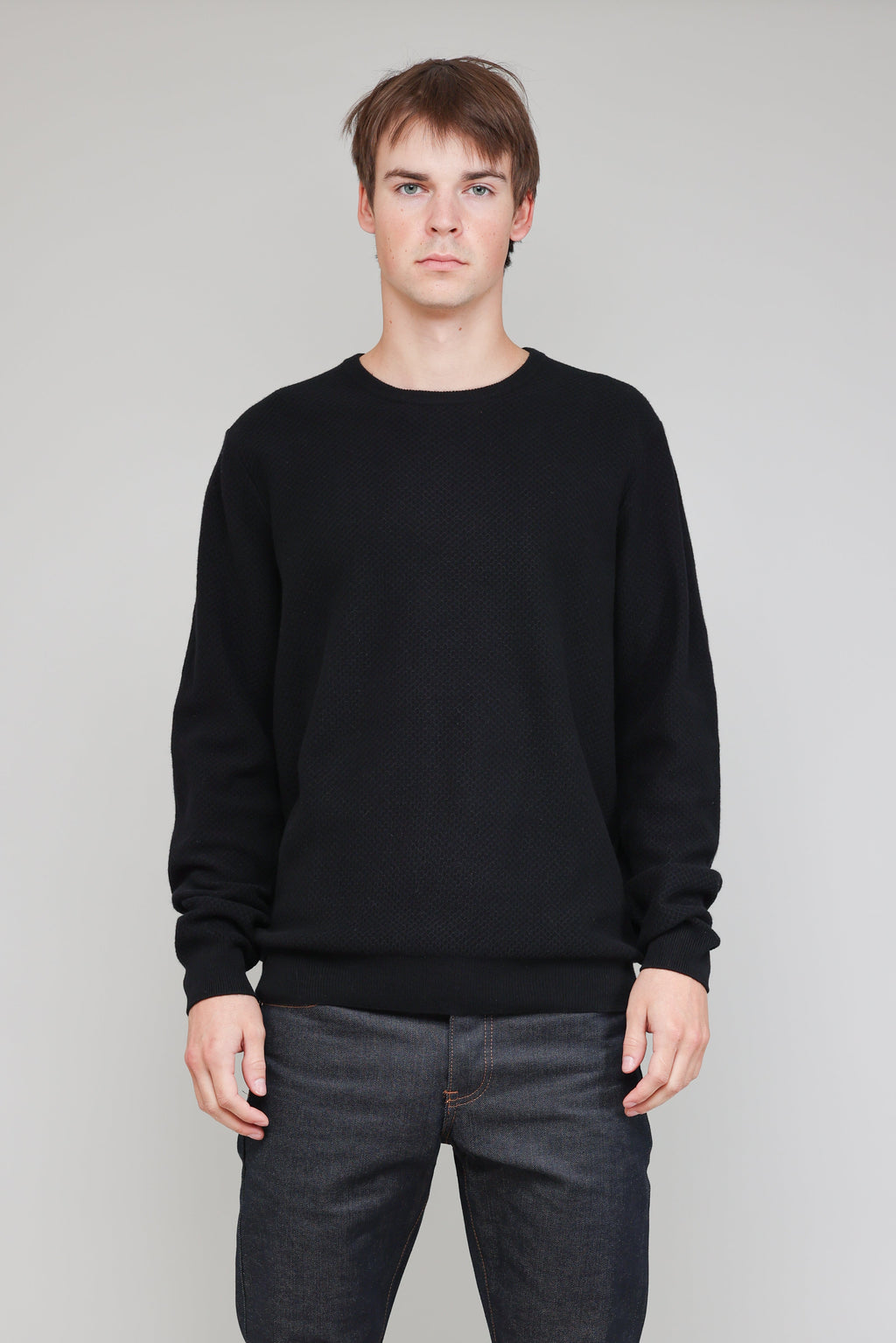 New Wool Honeycomb Stitch Crew in Black 01