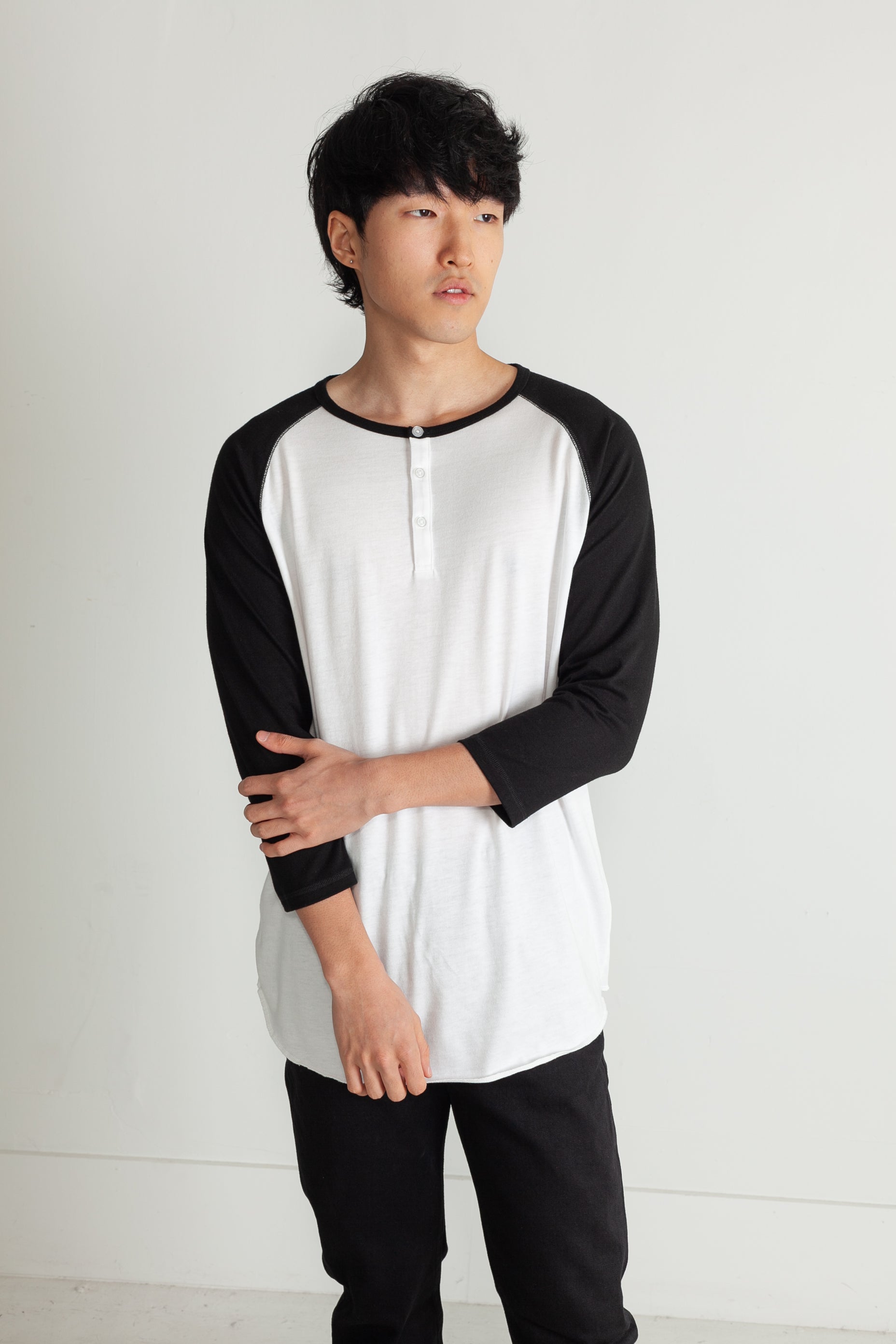 Tri-blend 3/4 henley in White and Black 01