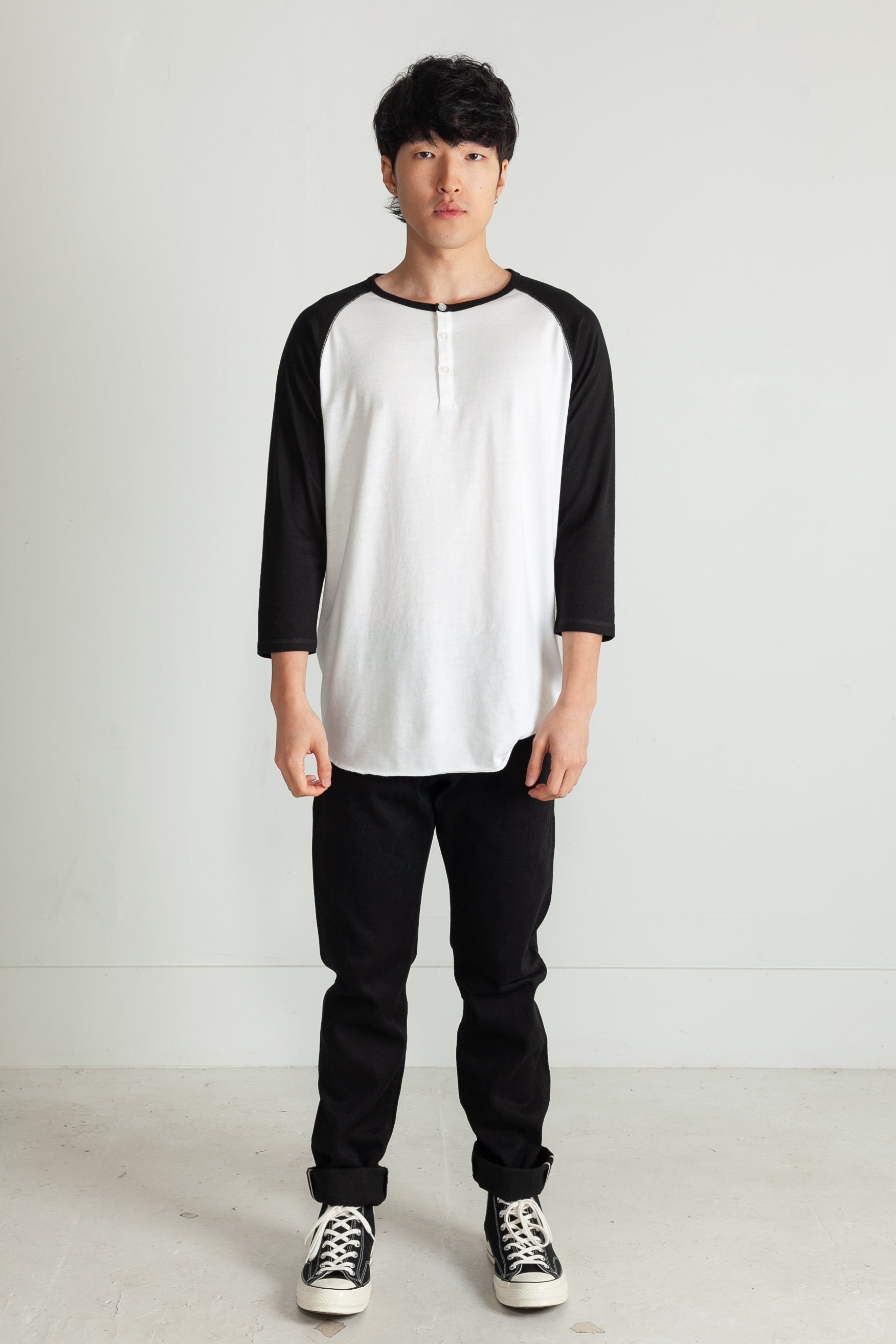 Tri-blend 3/4 henley in White and Black 05